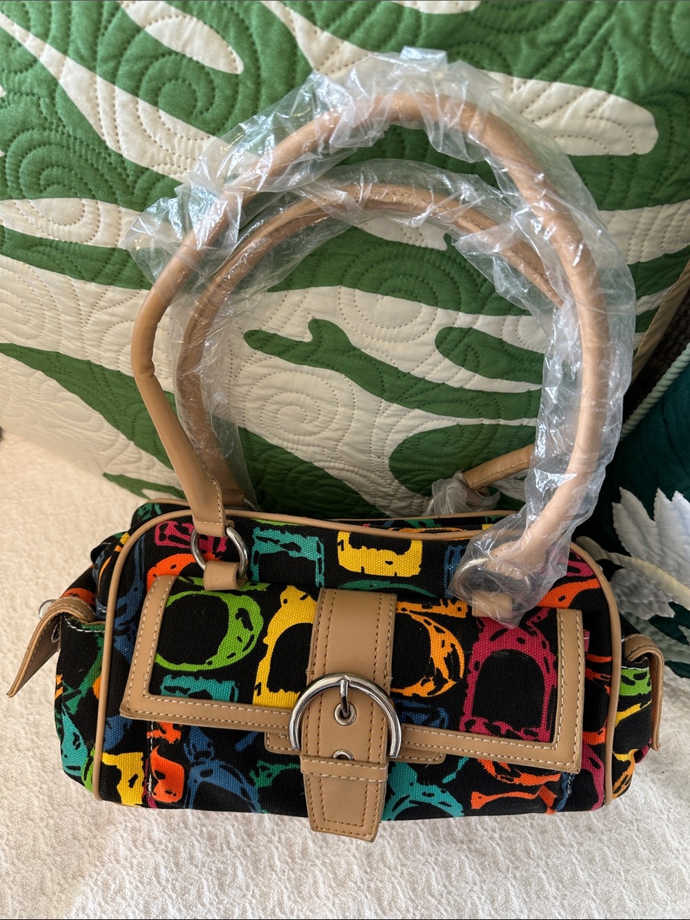 Super Cute Multicolor Skull Print Tote with Tan Trim